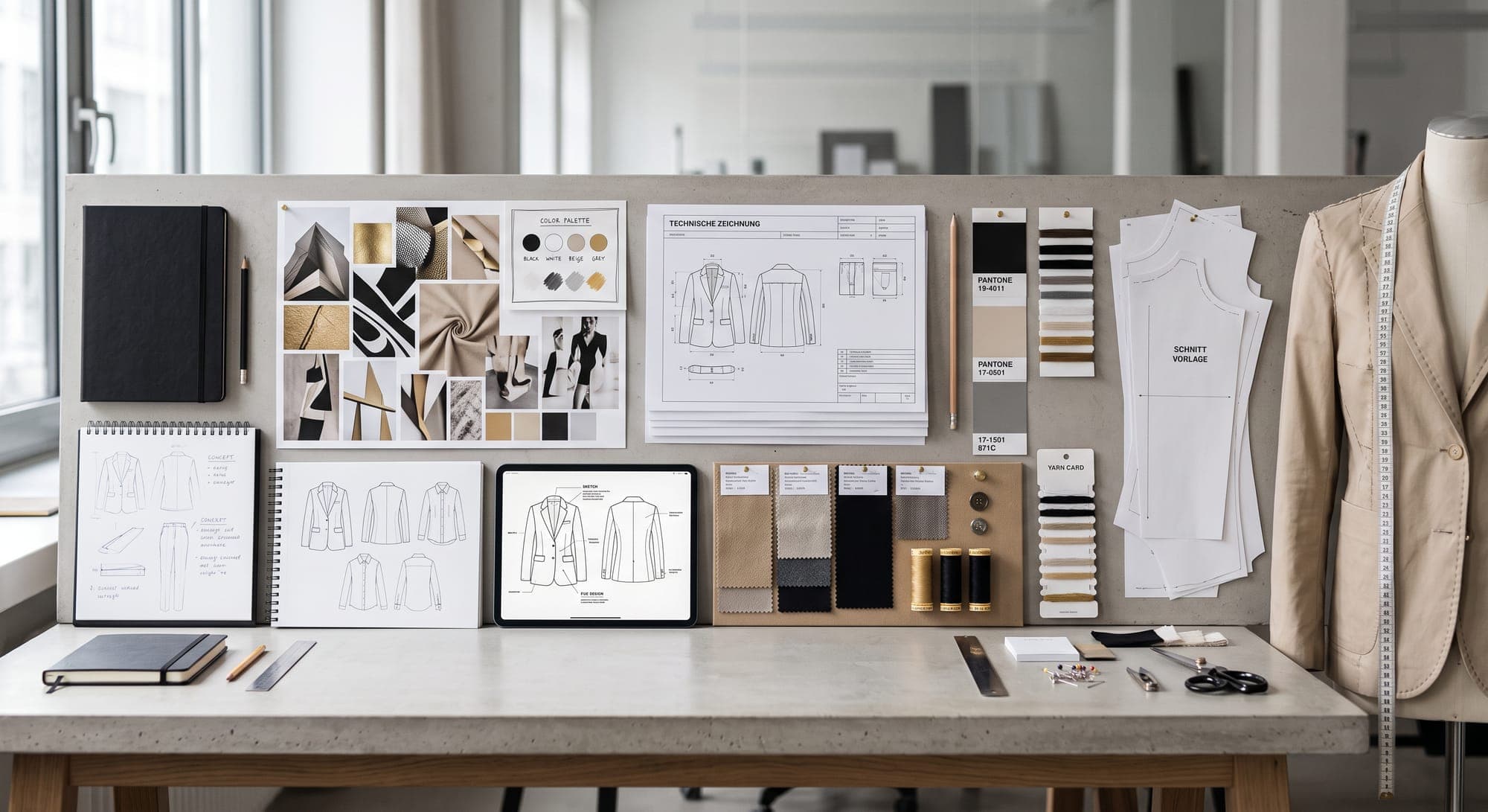 Design-Atelier von Texside mit Moodboard, technischen Zeichnungen und Materialmustern