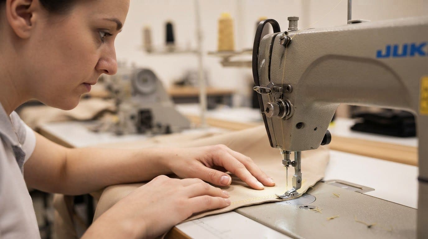 Näherin an der Industrienähmaschine in der Texside-Manufaktur